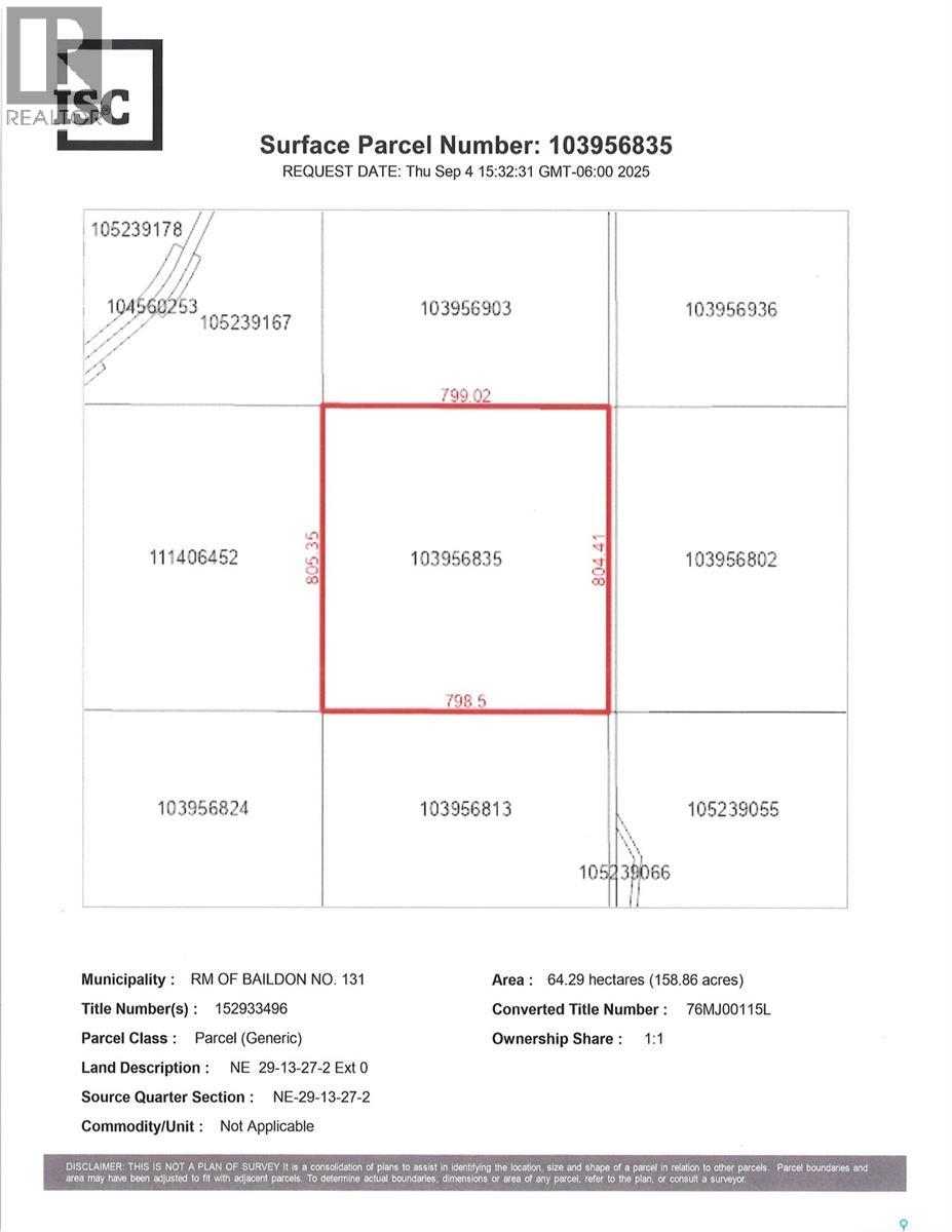 NE 29-13-27-2 Ext 0 Pasture Land, Baildon Rm No. 131, SK S6H 7N6
